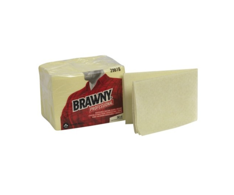A stack of folded beige paper towels next to a wrapped package of paper towels. Brawny® Professional Yellow Disposable Dusting Cloths (17 in. x 24 in., 200/Case)